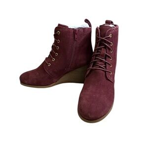 Diba Burgundy Wedge bootie with Lace-Up Design and Rounded Toe